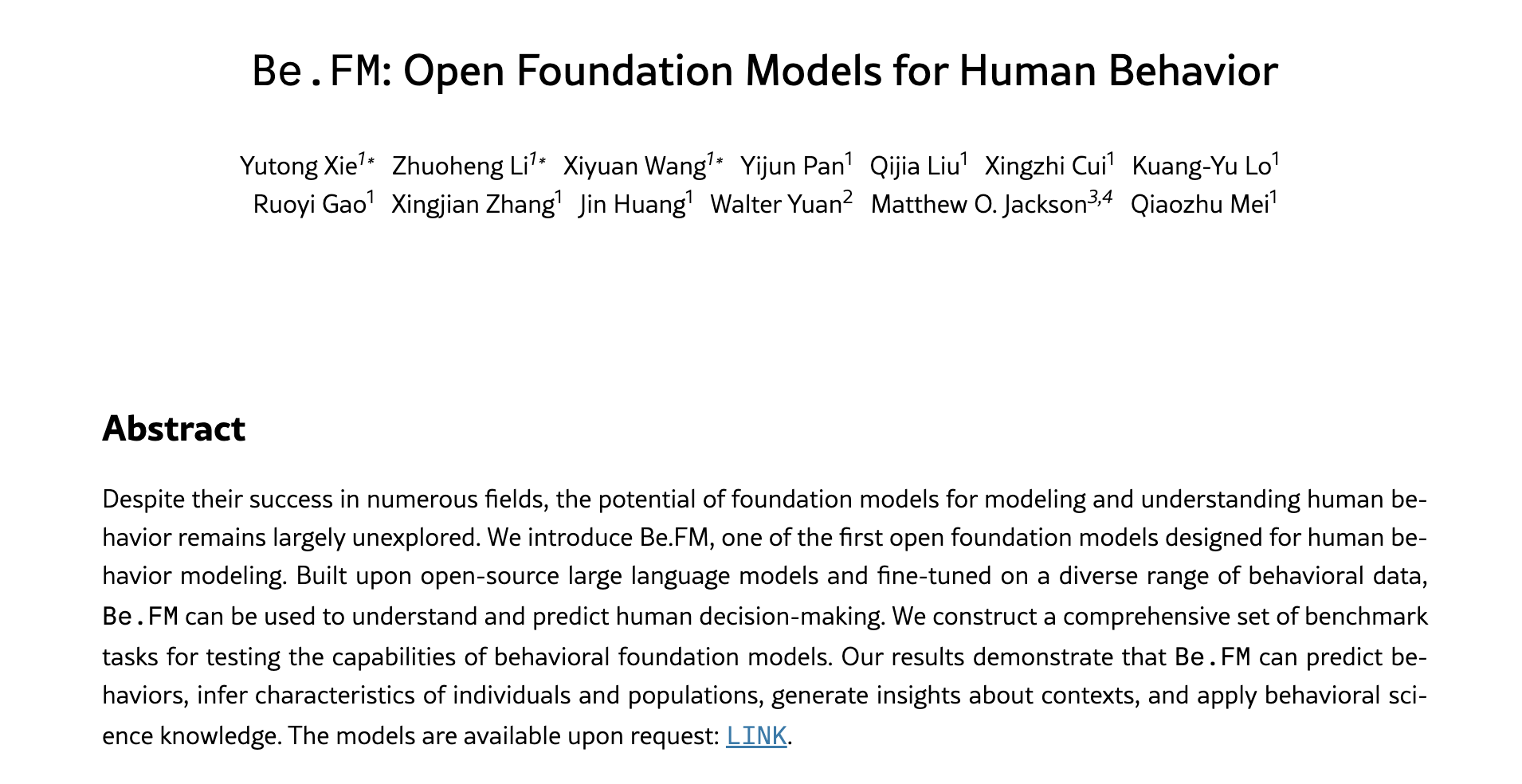 Snapshot of the Be.FM paper, arXiv:2505.23058