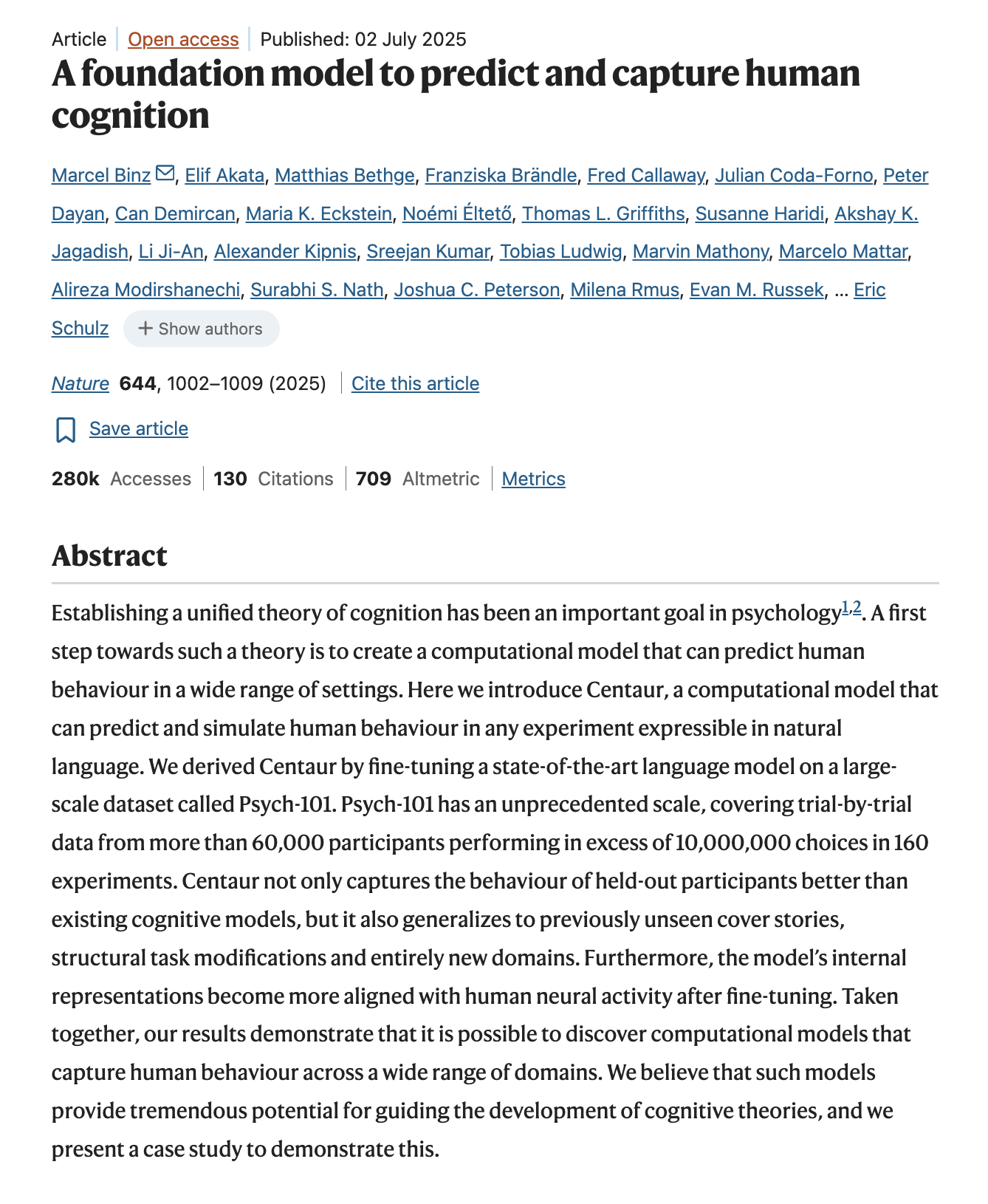 Snapshot of the Centaur paper in Nature